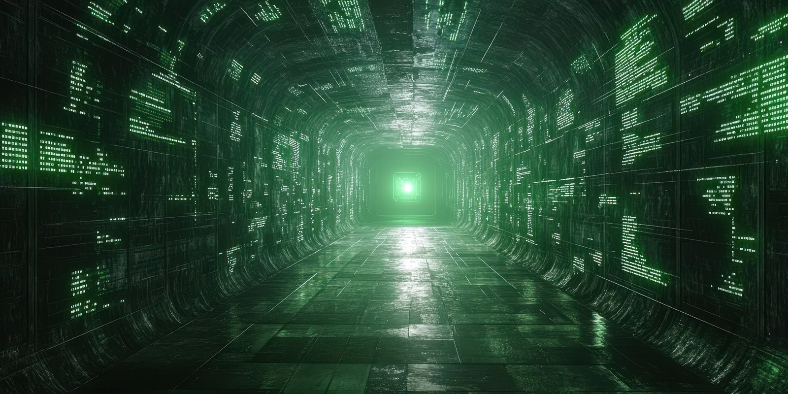 Glowing digital tunnel illuminated by green light and filled with data streams